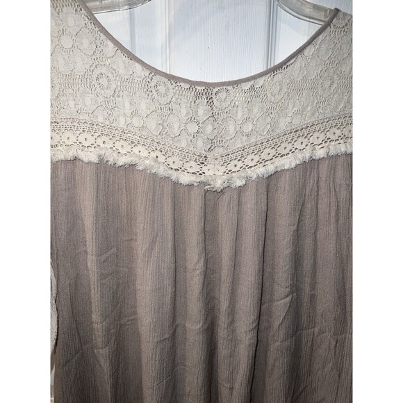 Umgee Top Womens L Lace Accents Fringe Tan Open Back Shirt Boho Blouse peasant - Picture 2 of 10